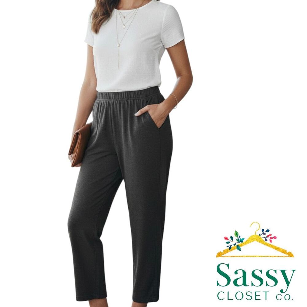 ✨ VINCE CAMUTO Black Cropped Straight Leg Pants L Pull On Career Workwear 🖤